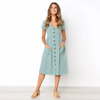 Green Blue A Line Casual Dresses Women Summer Dress 2021Vintage Short Sleeve Robe For Ladies Buttons V Neck Midi Vestidos Female