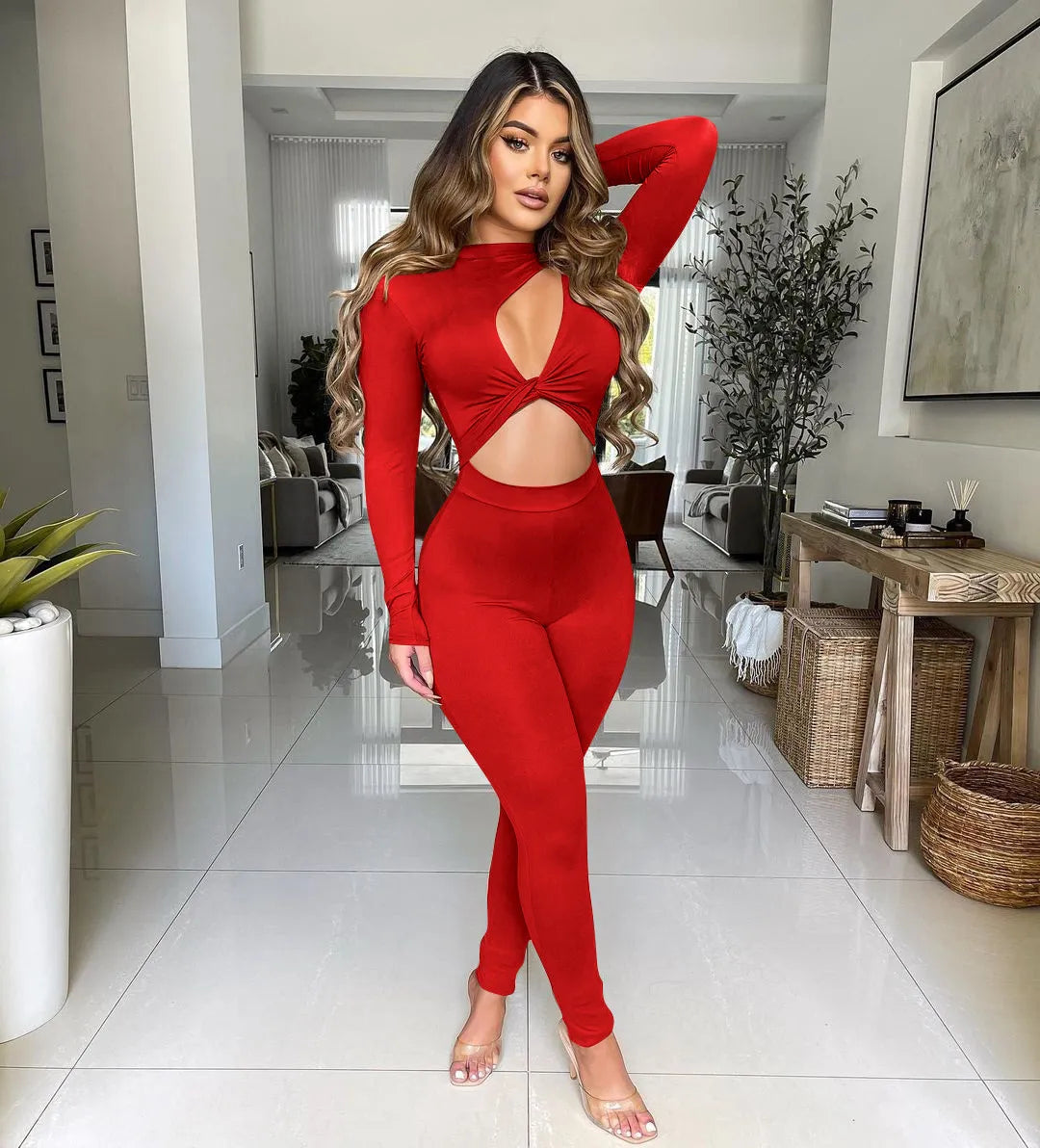 Sexy Cut Out Twist Rompers Womens Jumpsuit Casual Sport Fitness Hollow Out Long Sleeve Leggings Club Party Soft Women Overalls