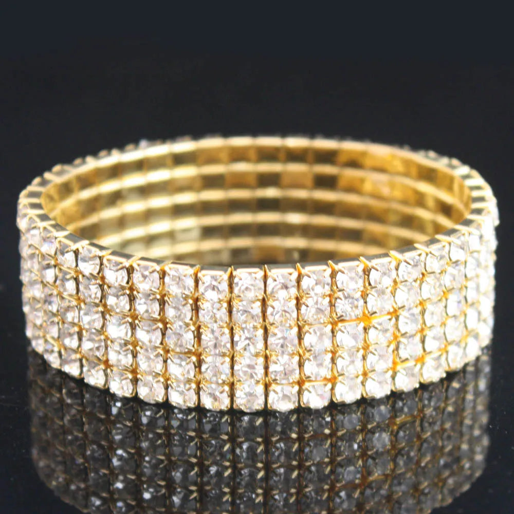 TREAZY 1-10 Rows Rhinestones Bridal Wedding Bangles Gold/Silver Color Crystal Stretch Bracelet Women Wristband Elastic Jewelry