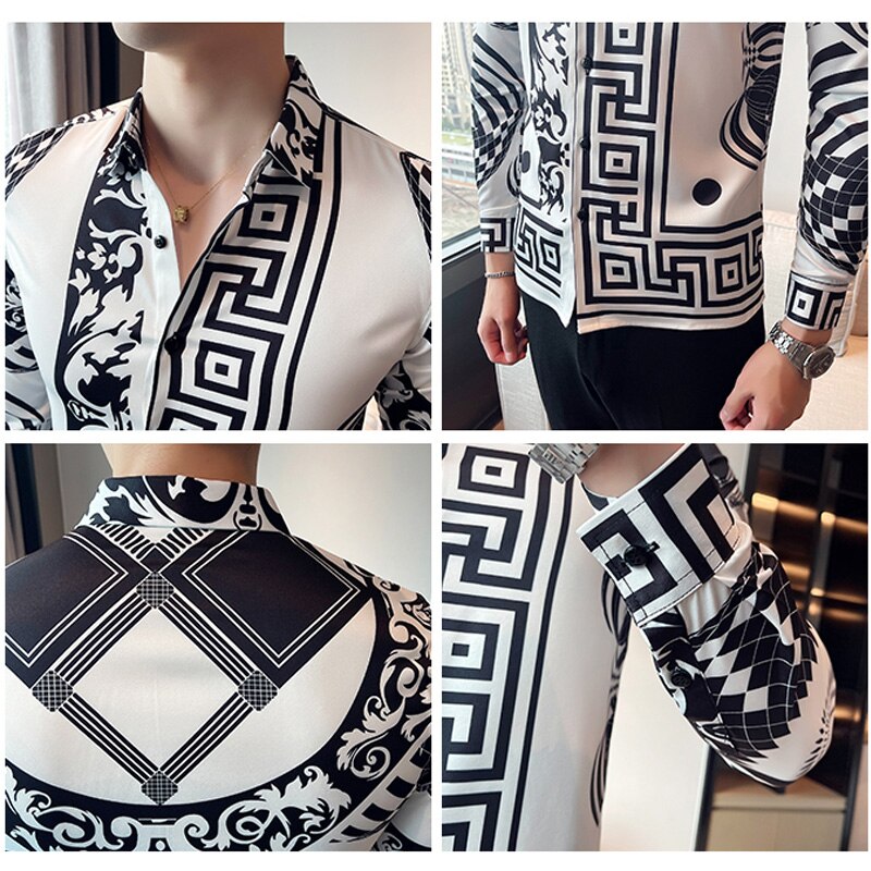 dress shirt semi formal baroque attire for men Luxury Long Sleeve Mens Baroque Shirts Dress Autumn Party Prom Wear Sl – Mega Mart Center
