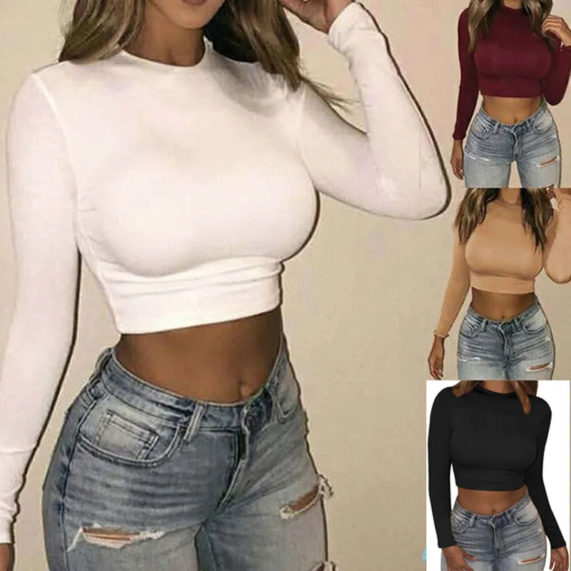 Women Sexy Bodycon T Shirt Autunmn Women Long Sleeve O-neck Crop Top Modis Sheath T Shirt Fashion Autumn Solid Tops