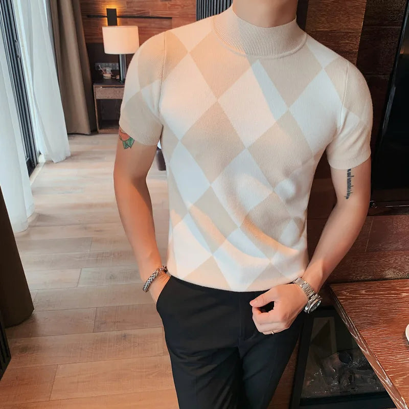 British Style Autumn Winter Short Sleeve Sweater Men Clothing Fashion Diamond Lattice Turtleneck All Match Casual Slim Pullovers