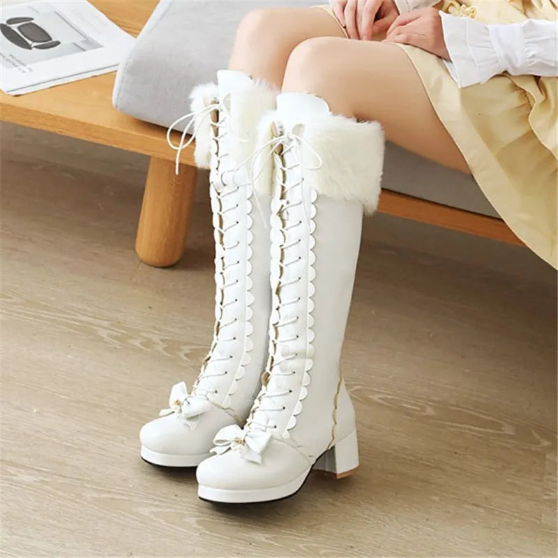 PXELENA Hot Plus Size 34-43 Women Wedding Shoes White Pink Fur Bowtie Ruffles Princess Uniform Lolita Cosplay JK Knee High Boots