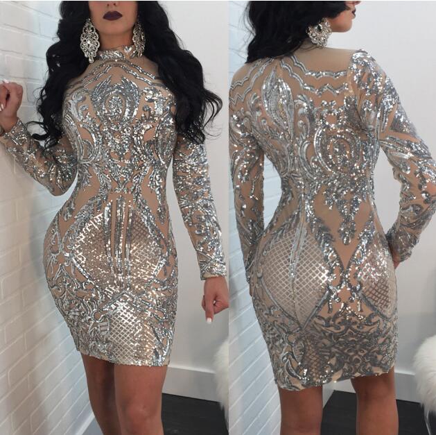 Silver Sparkly Bodycon Dress Long Sleeve Women Sequin Dress Transparent Winter Elegant Sexy Night Club Mesh Glitter Party Dress