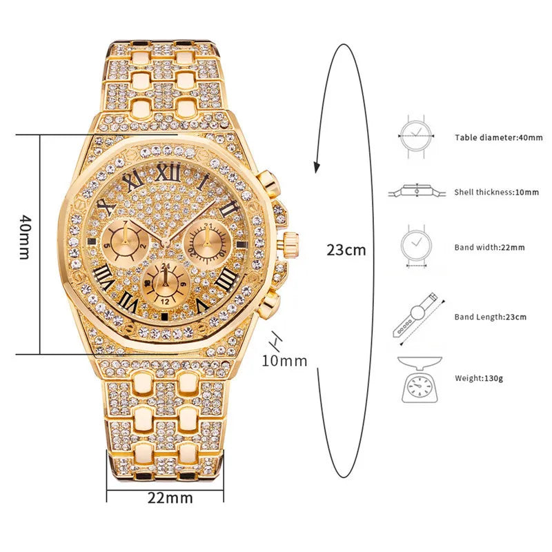 Men Iced Out Watches Luxury Full Diamond Gold Stainless Steel Quartz Wristwatches Clock Gift Relogio Masculino