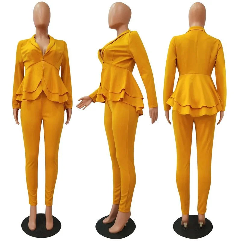 Winter Women's Set Tracksuit Full Sleeve Ruffles Blazers Pants Suit Two Piece Set Office Lady Outfits Work Business Wear Uniform