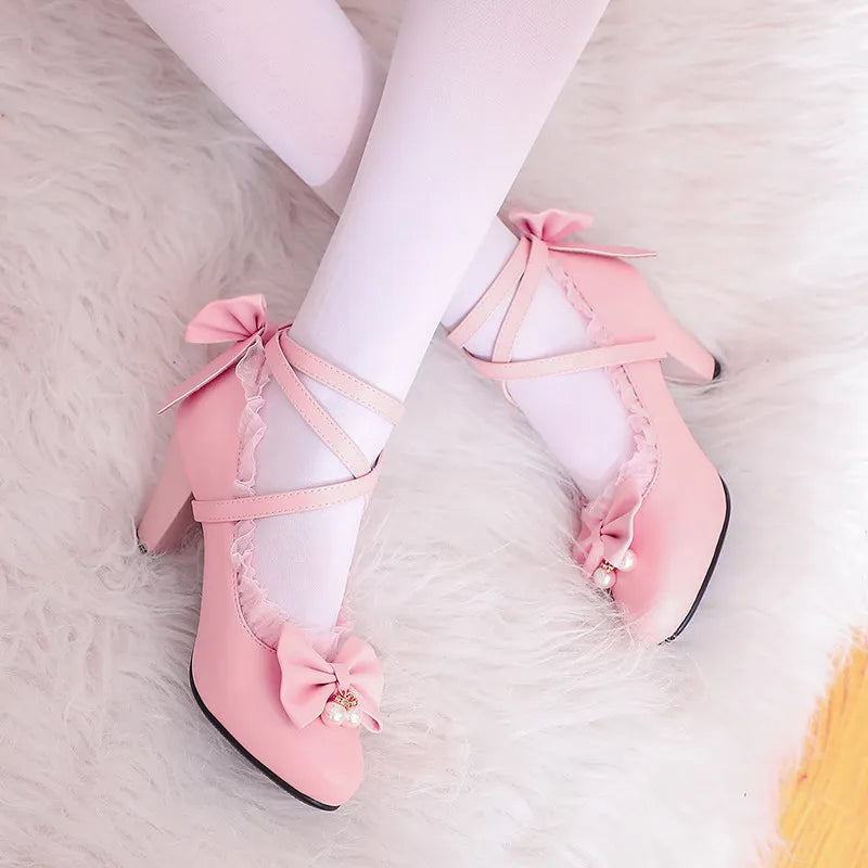 YQBTDL Cross Strap Women Spike High Heels Mary Jane Shoes Party Wedding Cosplay White Pink Ruffles Bow Princess Lolita Pumps 43
