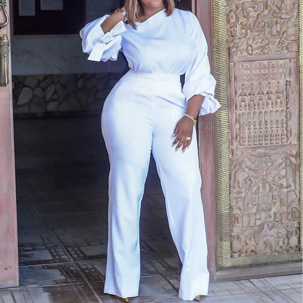 Elegant Woman Work Jumpsuits Solid Office Lady Modest Romper Overalls White Long Trousers Robe Casual High-waist African Clothes
