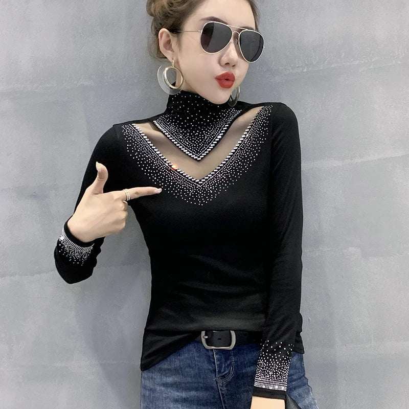 New 2025 Spring Autumn Long Sleeve T-Shirt Fashion Casual Turtleneck Diamond Woman Tee Elegant Slim Women's Tops Blusas
