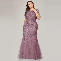 2023 Plus Size Sequin Mesh Mermaid Slim Evening Dress Beaded Leaves Pattern Formal  Women Elegant Party Prom Gowns Short Sleeve