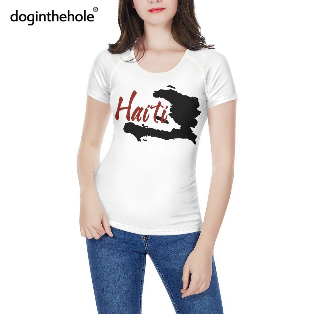 doginthehole Women Fashion Culture Tops Red and Blue Haiti Flag Print Running T-shirt Female Summer Casual Breathable Clothing