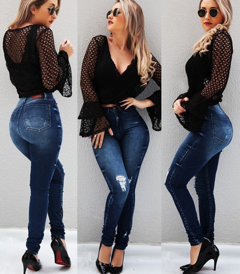 Women Sexy ripped Push Up Jeans High Waist Skinny Butt Lifting Elastic Pencil black jeans Ladies Casual Denim calca jeans pants