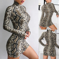 New Summer Fashion Sexy Dresses Women Snake Print Bodycon Long Sleeve Evening Party Club Mini Short Dress