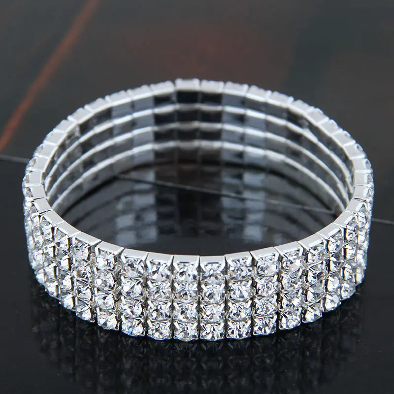 TREAZY 1-10 Rows Rhinestones Bridal Wedding Bangles Gold/Silver Color Crystal Stretch Bracelet Women Wristband Elastic Jewelry