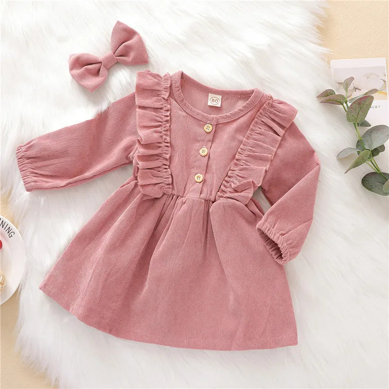 Autumn Winter Toddler Baby Girls Dress Long Sleeve Ruffles Princess Dress Kids Corduroy Pleated Fashion Children Casual Dress