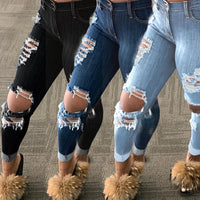 Echoine Vintage High Waist Ripped Jeans Pant for Women Tassel Hole Pencil Pants Blue Streetwear Ladies Jeans