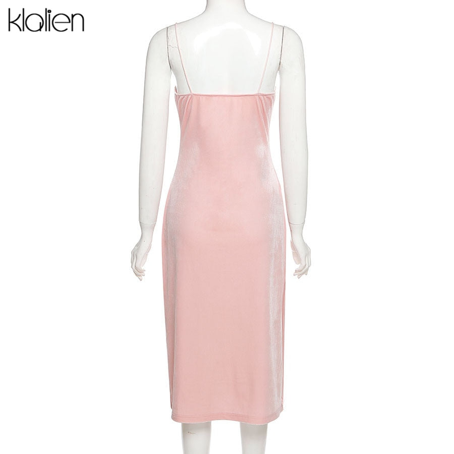 KLALIEN Fashion Elegant Party Strap Dress Women Summer 2021 New Solid Pink Simple Office Lady Street Vacation Beach Dress