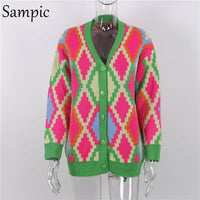 Sampic Winter Women Basic V Neck Oversized Knitwear Argyle Cardigans Green 2021 Autumn Fashion Y2K Knitted Sweater Cardigans