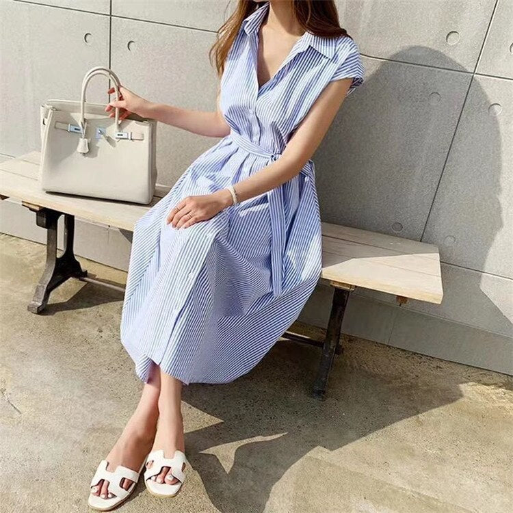 Colorfaith New 2022 Women Striped Reglan Sleeve Shirt Dress Spring Summer Korean Fashion Lace Up Elegant Long Dresses DR1970