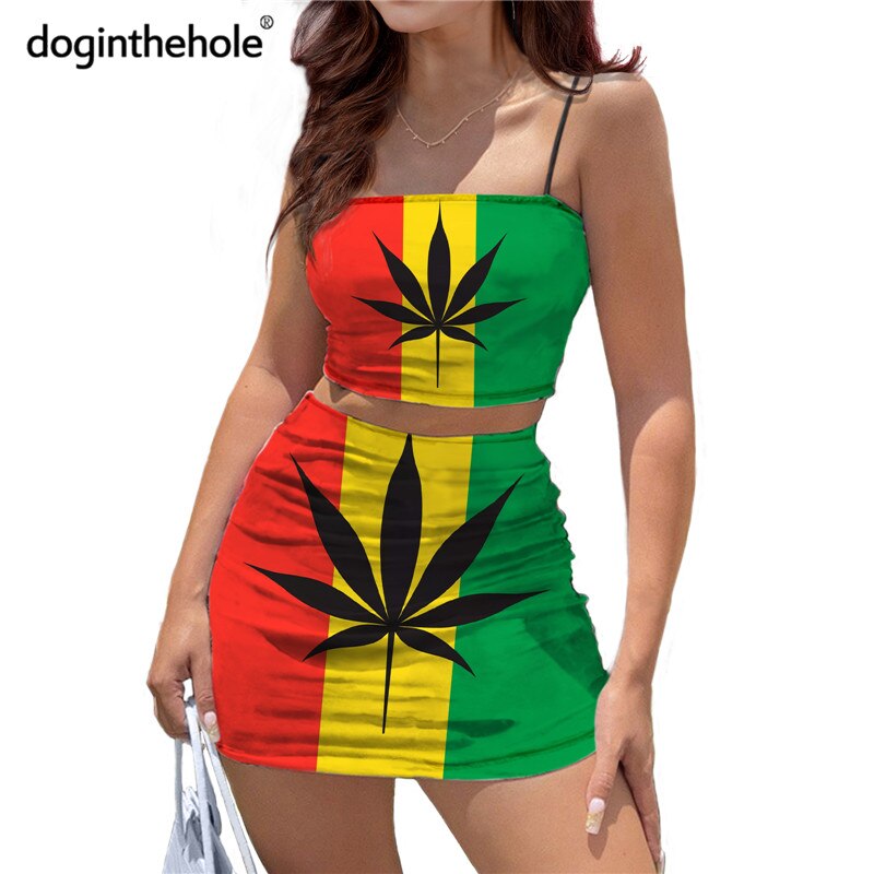 Doginthehole Reggae Design Jamaica Leaf Print Women Club Outfits Sexy Sling Tube Tops and Short Bodycon Dress Summer 2pcs Sets