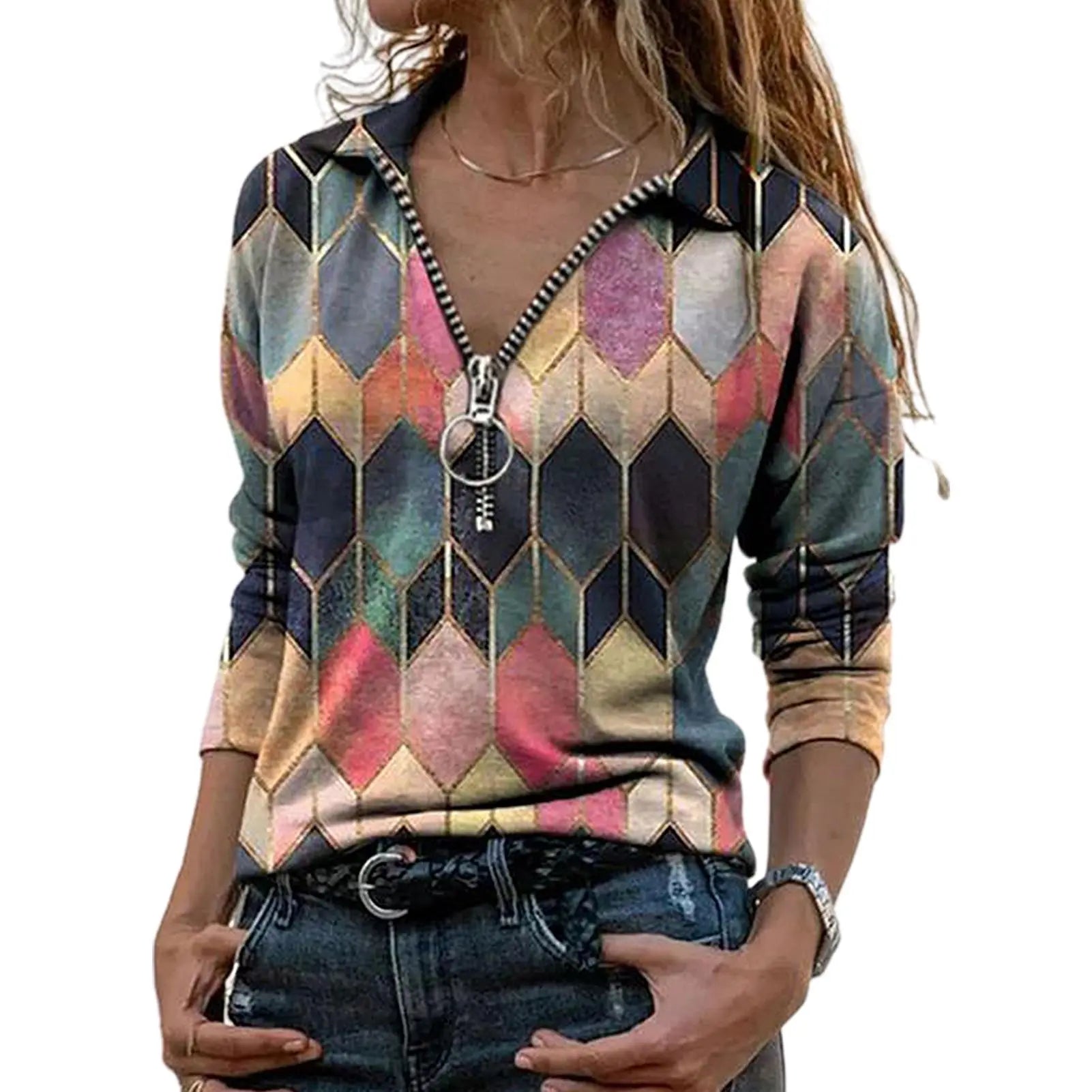 2020 Winter Warm Fashion Blouse Women Long Blouse Shirt Heart Pattern Zipper Design Abstract Print Blouse drop shipping