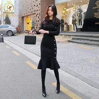 SMTHMA Winter Black Knitted Dress for Women Bodycon Dress Long Sleeve Elegant Button Warm Trumpet Mermaid Sweater Dress Female