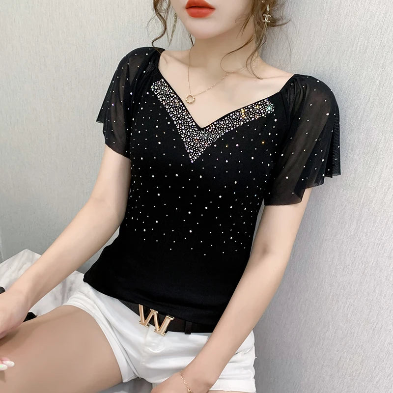 Summer Fashion Korean Clothes T-Shirt Sexy V-Neck Diamonds Cotton Women Tops Ruffled Sleeve Tees All Match 2022 New T07601