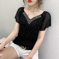 Summer Fashion Korean Clothes T-Shirt Sexy V-Neck Diamonds Cotton Women Tops Ruffled Sleeve Tees All Match 2022 New T07601