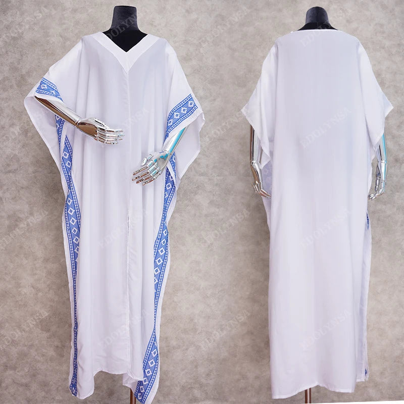 2023 Casual V-Neck Bats Sleeve Side Split Beach Kaftan Loose Summer Dress White Tunic Women Street Wear Maxi Dress N887