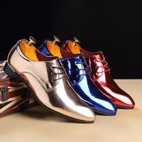 Patent Leather Men Wedding Shoes Gold Blue Red White Oxfords Shoes Designer Pointed Toe Dress Shoes Big Size 37-48