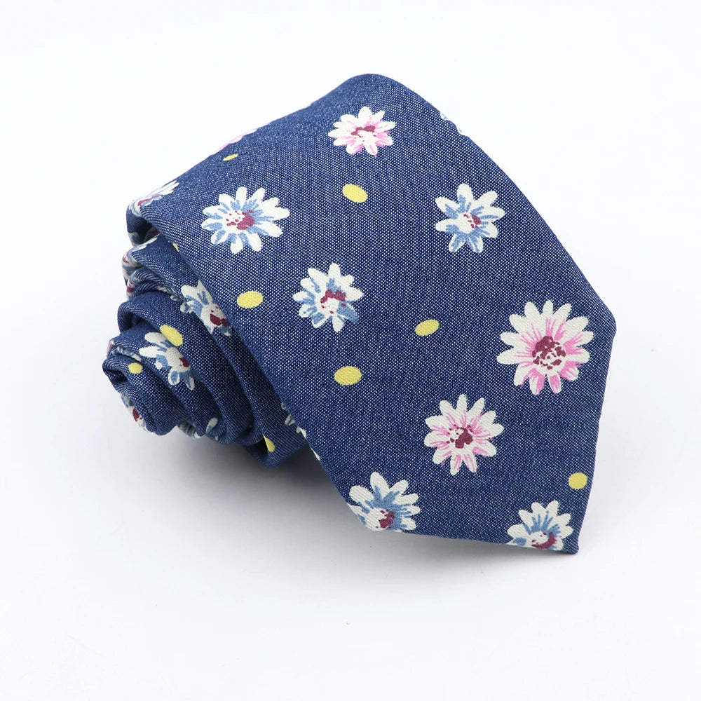 New Cotton Denim Ties For Men 7CM Floral Feather Dot Blue Neck Tie For Wedding Party Casual Print Slim Neckties Daily Wear Gift