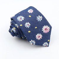 New Cotton Denim Ties For Men 7CM Floral Feather Dot Blue Neck Tie For Wedding Party Casual Print Slim Neckties Daily Wear Gift