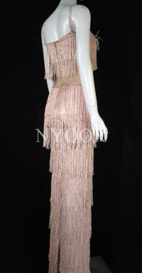 New Pink Tassel Sleeveless Long Dress Women Prom Wedding Party Birthday Dress Fringes Rhinestones Bodycon Dance Costume