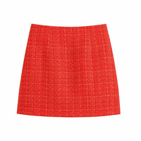 xikom 2021 Tweed Two pieces set Women red Vintage V Neck Long Sleeve Office Lady slim Blazer Coat Female Hight Waist skirt suit