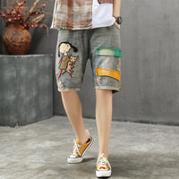 Summer New Arts Style Women Elastic Waist Vintage Denim Shorts Jeans Feminino Patchwork Embroidery Ripped Jeans S839