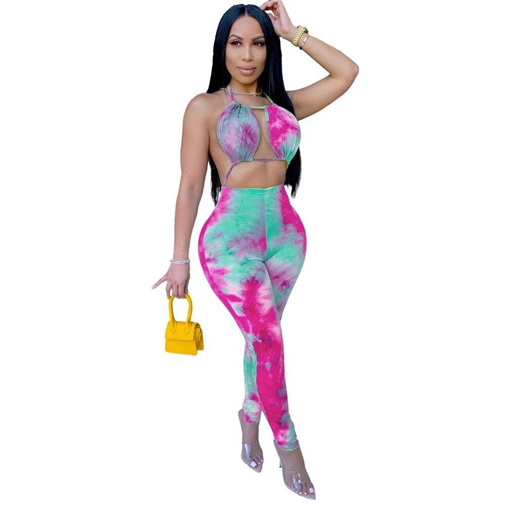 Tie Dye Print Sexy Jumpsuit Clubwear Women Rompers Halter Hollow Out Backless Party Bodycon Overalls for Women Macacao Feminino