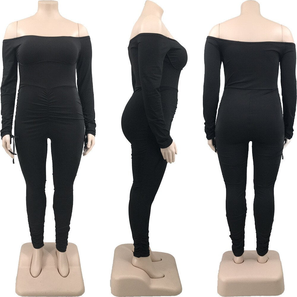 Sexy Plus Size Jumpsuit Overalls for Women  Off Shoulder Bandage Long Sleeve Romper