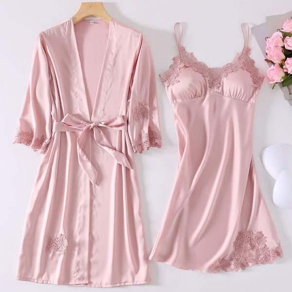 Satin Robe Set Sexy Female Sleepwear Summer Kimono Bathrobe Lace Trim Bride Bridesmaid Dressing Gown Casual Nightgown