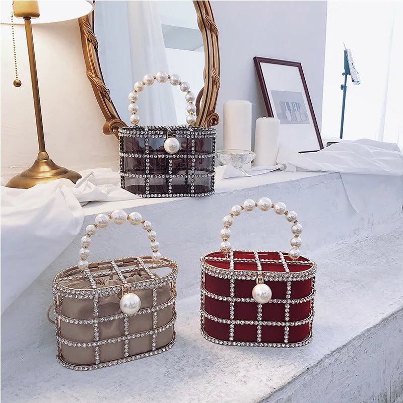 High Quality Openwork Basket Design Luxury Party Clutch Diamonds Pearls Women&#39;s Handbags Evening Bag Fashion Purses Designer Bag