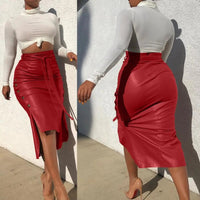 BKLD 2020 New Fashion Autumn Sexy Side Slit Button Midi Skirt High Waist PU Faux Leather Skirt With Belt Office Lady Style Skirt