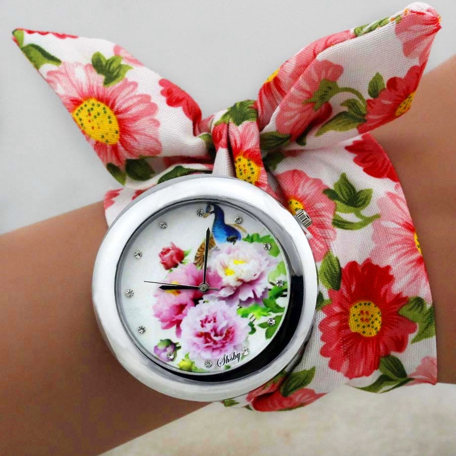 Shsby New Design Ladies Flower Cloth Wrist Watch Fashion Women Dress Watch High Quality Fabric Clock Sweet Girls Watch