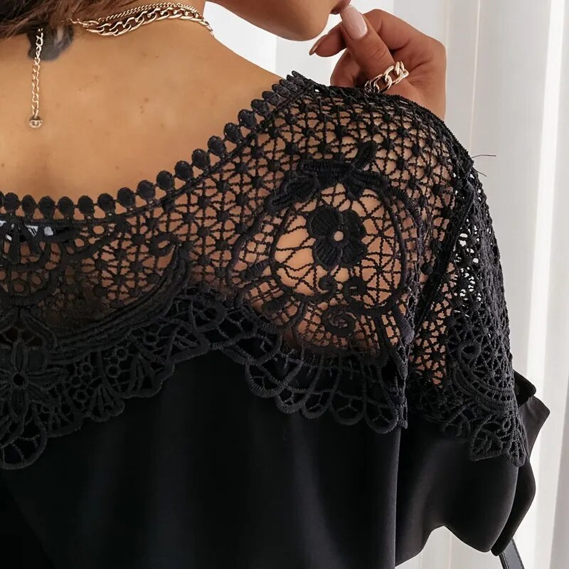 New Crochet Embroidery Lace Blouses Women Autumn Sexy Lace Stitching White Shirts Vintage Elegant Ladies Tops Blusas 12459