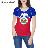 doginthehole Women Fashion Culture Tops Red and Blue Haiti Flag Print Running T-shirt Female Summer Casual Breathable Clothing