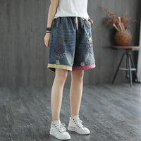 Summer New Arts Style Women Elastic Waist Vintage Denim Shorts Jeans Feminino Patchwork Embroidery Ripped Jeans S839