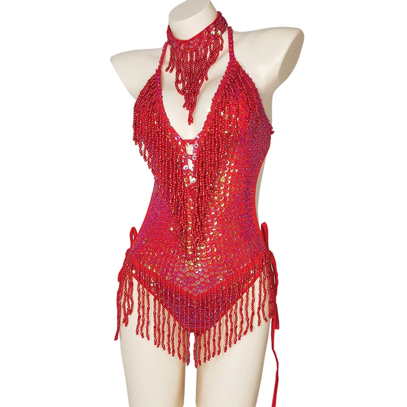 Shiny Costume For Women Red Beading Sequin Tassel One-Piece Bodysuit Sexy Clubwear Party Outfit Stage Performance Dance Clothes