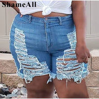 Plus Size Broken Worn Edges Sexy Ripped Hole Tassel Denim Shorts 4XL Women Casual Skinny High Waist Push Up Cut Out Short Jeans