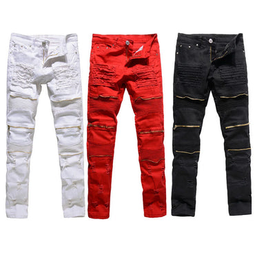 Men Skinny Stretch Denim Ripped Pants Distressed Ripped Freyed Slim Fit Jeans Destroyed Ripped Jeans Black White Red Jeans