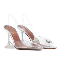 2021 New Pointed Transparent Sandals Women's Bun Water Drill Bow Wine Glass Heels