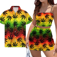 Fashion Jamaica Leaf Print Couple Clothes Sexy Backless Top Short Dress Suit Match Men Beach Shirt Reggae Style Couple Costume