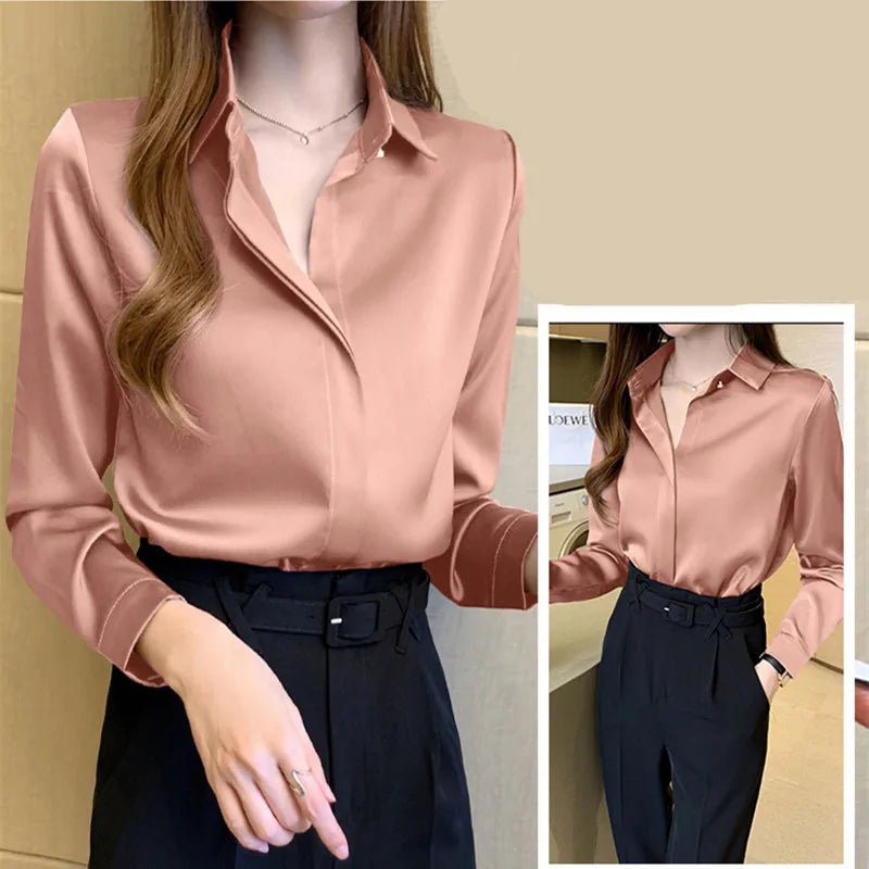 Silk Shirts Women White Shirt Women Long Sleeve Shirts Blouse Satin Silk Blouse Ladies Tops 2023 Fashion Solid Woman Clothing